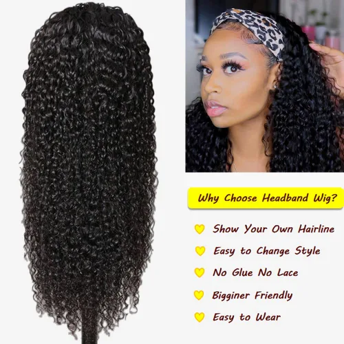 Vista 3 de Peluca rizada con diadema de cabello humano sin encaje frontal, pelucas rizadas para mujeres negras, cabello humano sin pegamento, 100% cabello