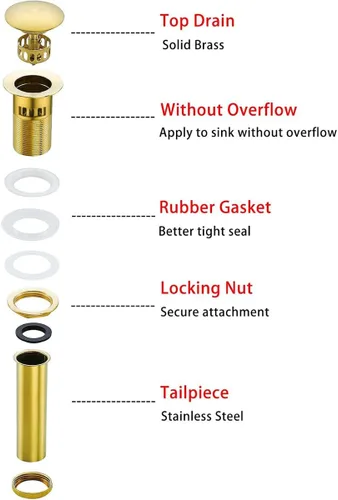 Vista 4 de Desagüe desplegable para lavabo de baño con desbordamiento, tapón de tocador de lavabo dorado oscuro cepillado, tapón de estilo rebote de latón