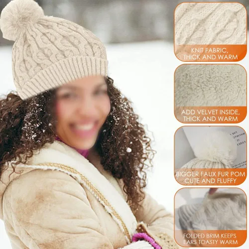 Vista 4 de OLizee Conjunto de bufanda y mitones de invierno para mujer, gorro de punto de calavera con pompones de piel sintética