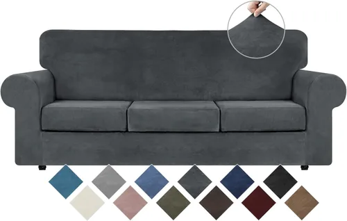 Vista 33 de WEERRW 4 Piezas Fundas de Terciopelo de Alta Elasticidad para Sofá de 3 Cojines Fundas de Sofá, Protector de Muebles Lavable con Parte Inferior