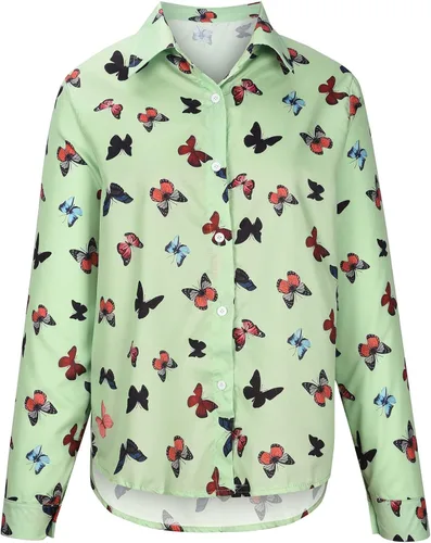 Vista 4 de Button Down Shirts for Women Lapel V Neck Buttlefly Printed Trendy Shirts Long Sleeve Casual Collared Blouses Tees Tops