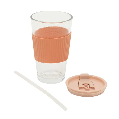 Vista 5 de Mr. Coffee Sip Savvy - Paquete de 4 vasos de vidrio rosa rubor de 15 onzas con tapas y pajillas, reutilizables para café helado, aptos
