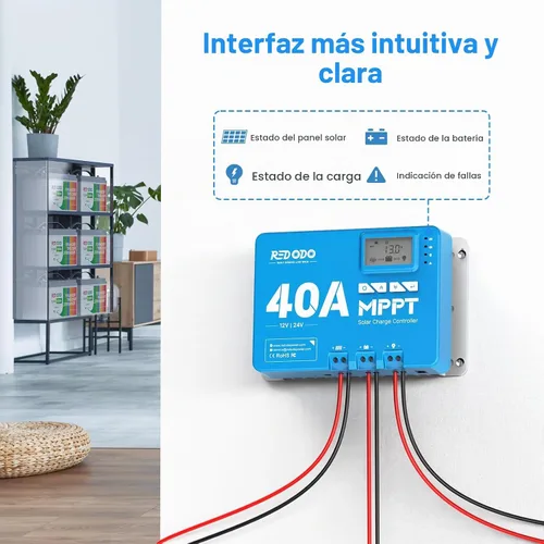 Vista 6 de Redodo Controlador de carga solar de entrada de 40 amperios MPPT 12V/24V DC con módulo Bluetooth incorporado, pantalla LCD ajustable de parámetros