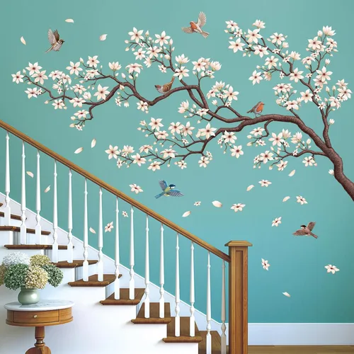Vista 3 de DECOWALL SG4-2317 Vinilo adhesivo para pared con flores orientales y ramas de cerezo, diseño de pájaros, para habitación de niños, decoración