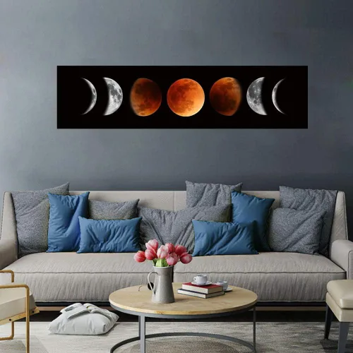 Vista 5 de Ohhvvow Pintura de Arte de Pared de Fases Lunares, 47L x 11.8W Negro y Leonado Arte de Pared de Lienzo Abstracto Moderno para Decoración de Sala