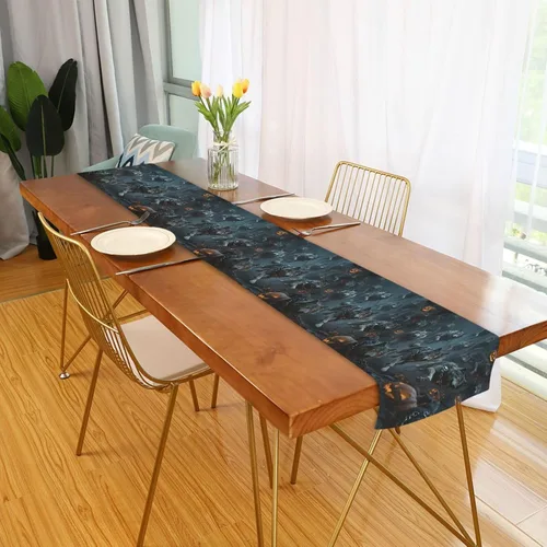 Vista 4 de Halloween Pumpkin and Wolf Decorative Table Runner Boho, 13x70inches, Table Decorations Reusable Dining Room Table decoracion para mesa de Centro