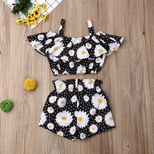 Vista 6 de Conjunto de 2 piezas de ropa con volantes y cuello halter floral para niños pequeños