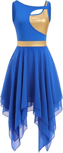 Vista 5 de AFAVOM Disfraz de baile lírico para mujer, vestido de lentejuelas con flores, falda asimétrica de tul fluida, disfraces de danza contemporánea