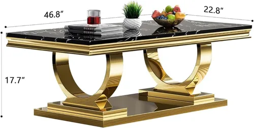 Vista 2 de Mesa de centro de mármol negro Henf de lujo, mesa auxiliar rectangular de mármol sintético de imitación con base de acero inoxidable dorado