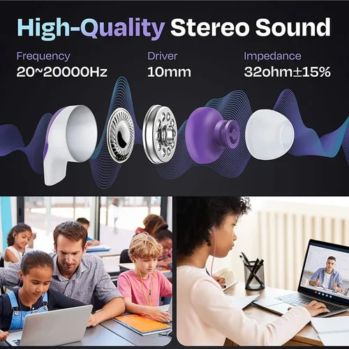 Vista 8 de JustJamz Paquete de 200 auriculares a granel para el aula, incluye 100 auriculares multicolor y 100 blancos con cable con conector de 0.138 in