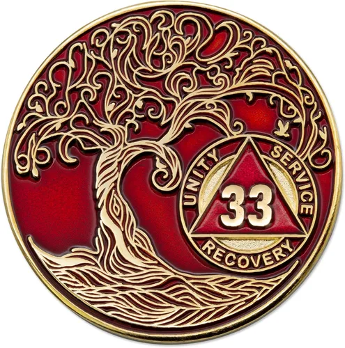 Vista 188 de 1 año Sobriety Mint Twisted Tree of Life Medallón de recuperación AA chapado en oro, chip/ficha - negro
