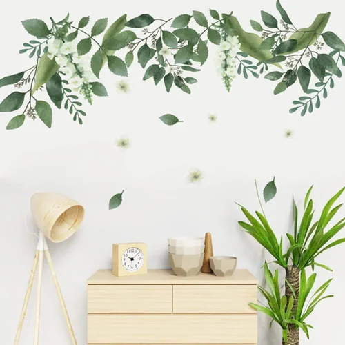 Vista 2 de Calcomanías de pared de hojas verdes colgantes, hojas de plantas frescas extraíbles, flores y vides, mural de pared de plantas verdes, hojas verdes