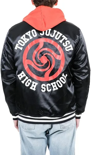 Vista 4 de Bioworld Jujutsu Kaisen TJHS Logo Men's Navy Hooded Satin Bomber Jacket