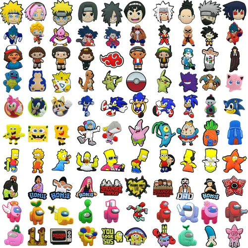 Vista 6 de Paquete de 100 bonitos dijes de anime al azar para niños y niñas, bonitos pines de zapatos de dibujos animados para decoración, pulseras, regalos