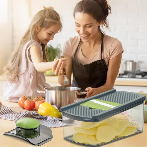 Vista 9 de Ourokhome Cortador de mandolina para cocina, rallador de verduras seguro para manos con 6 cuchillas de mandolina, cortador de gofres para papas