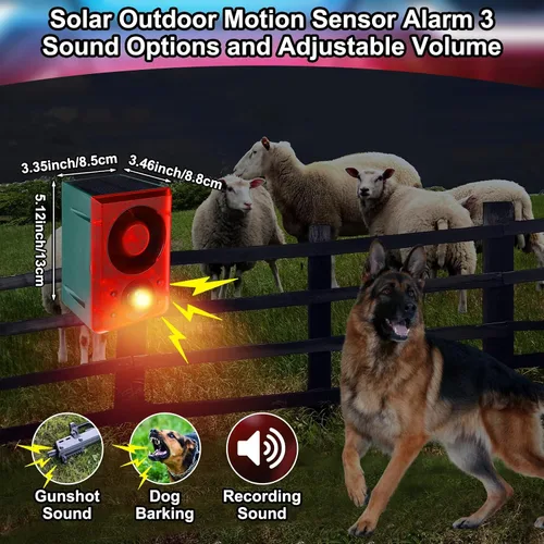 Vista 3 de Qualirey Alarma solar con sensor de movimiento para exteriores con sonido de disparo de estaca, 3 modos de grabación y volumen ajustable, carga USB