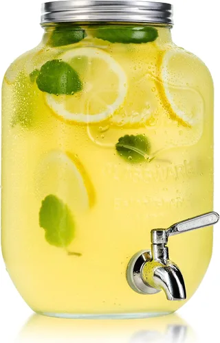 Vista 4 de Kitchentoolz Dispensadores de bebidas de vidrio de doble galón con infusor de frutas e inserto de hielo, espitas de acero inoxidable, soporte