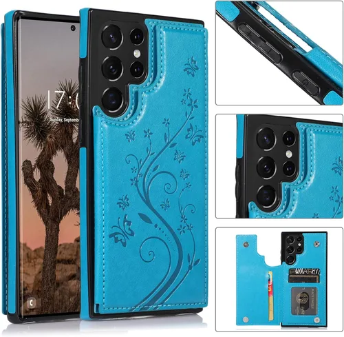 Vista 3 de Asuwish Funda para Samsung Galaxy S22 Ultra con protector de pantalla de vidrio templado, funda de cuero con soporte para tarjetas, doble cierre Azul
