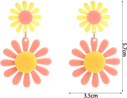 Vista 2 de Aretes de margarita de los años 60 y 70 para mujer, aretes bohemios de flores, aretes colgantes ligeros, aretes de acrílico para fiestas