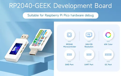 Vista 3 de Placa de desarrollo RP2040-GEEK basada en chip microcontrolador Raspberry Pi RP2040, descargador de depuración USB a bordo interfaz USB-A, ranura