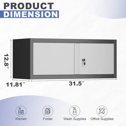 Vista 3 de Gabinete de almacenamiento de metal con cerradura, gabinete de pared de garaje de 12.8" H, almacenamiento de acero con puertas, organización