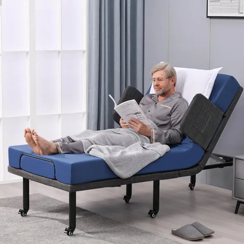 Vista 7 de ESHINE - Marco de cama ajustable con control remoto inalámbrico, inclinación de cabeza y pie, patas ajustables con rueda, barandilla de cama, base