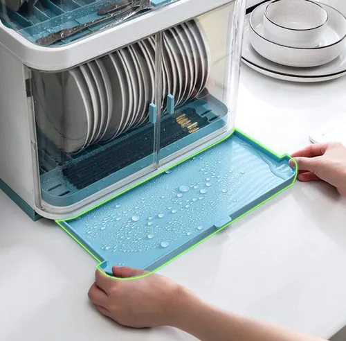 Vista 6 de Escurridor de platos, escurridor de platos con cubierta, escurridor de platos de plástico a prueba de polvo, bandeja de goteo extensible, tabla