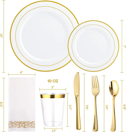 Vista 2 de FOCUSLINE Juego de vajilla dorada de 175 piezas para 25 invitados - Platos desechables de plástico blanco con borde dorado resistente, incluye 25
