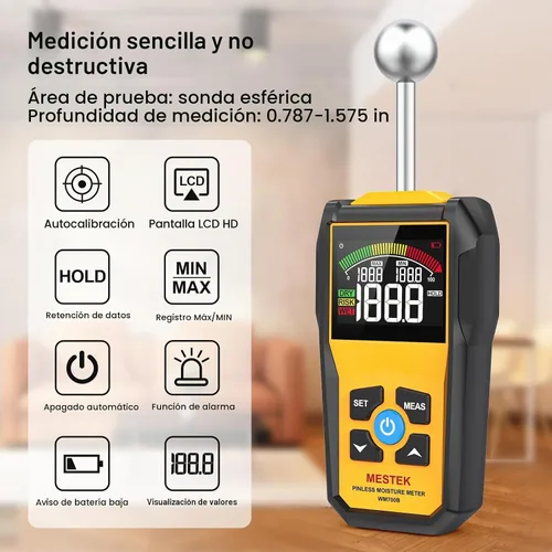 Vista 2 de MESTEK Medidor de humedad de madera para detección de humedad no destructiva en paneles de yeso, madera y mampostería, probador de humedad