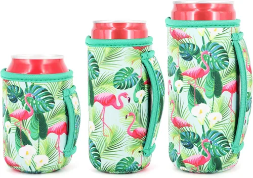 Vista 23 de 3 Pack de fundas aisladas reutilizables de neopreno con asa para soda, bebida energética, refresco, cerveza, seltzer duro, fundas para latas de 12