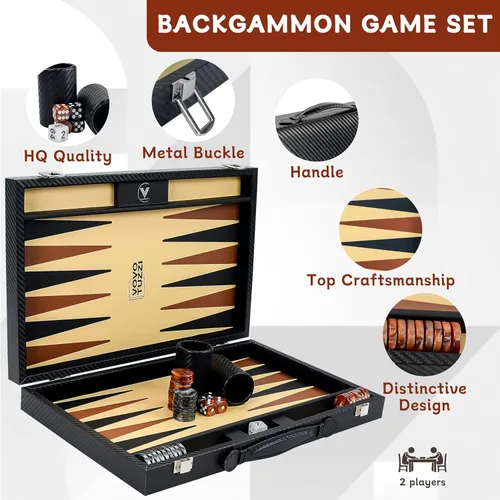 Vista 2 de Juego de backgammon de 15 pulgadas para adultos, de fibra de carbono de alta calidad, de piel sintética, plegable, juego de mesa clásico de viaje