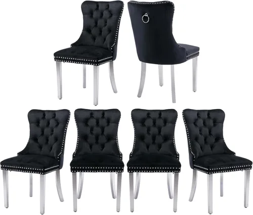 Vista 8 de Juego de 2 sillas de comedor de terciopelo, sillas de comedor tapizadas con tirador de anillo trasero, ribete de cabeza de clavo y patas doradas