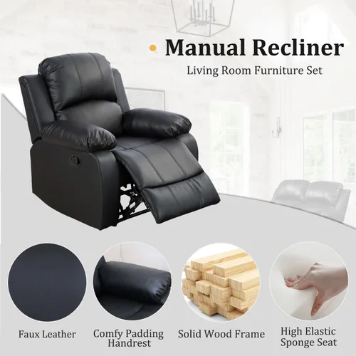 Vista 2 de Sofá reclinable de cuero negro, juego de muebles para sala de estar para el hogar, oficina, sofá reclinable Maunal con panel negro abatible, 1 pieza