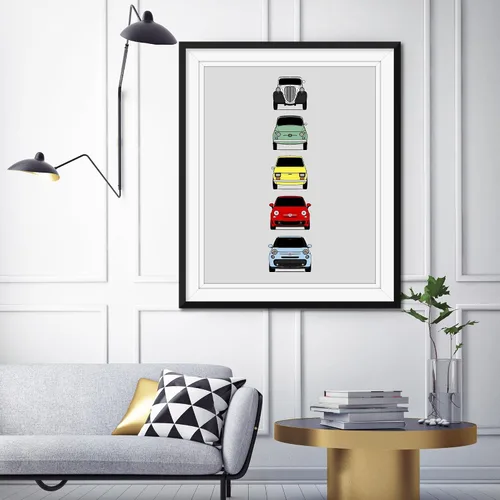 Vista 5 de Custom Car Posters Póster hecho a mano compatible con Fiat 500 generaciones e impresión de Fiat 500 (Topolino, 500 Nuova, 126, 500 L), multicolor
