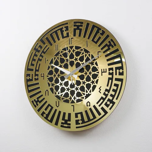 Vista 5 de Kufic - Reloj de caligrafía Kalima con números árabes, inglés, arte de pared islámico acrílico de madera, decoración de Ramadán, decoración de Eid