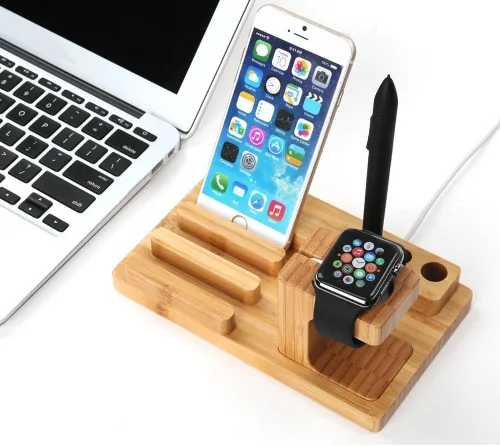 Vista 4 de Estación de carga de escritorio multidispositivo de madera de bambú Soporte de carga para iPhone 16 15 14 13 12 11 Pro Max iWatch 2 3 4 5 compatible