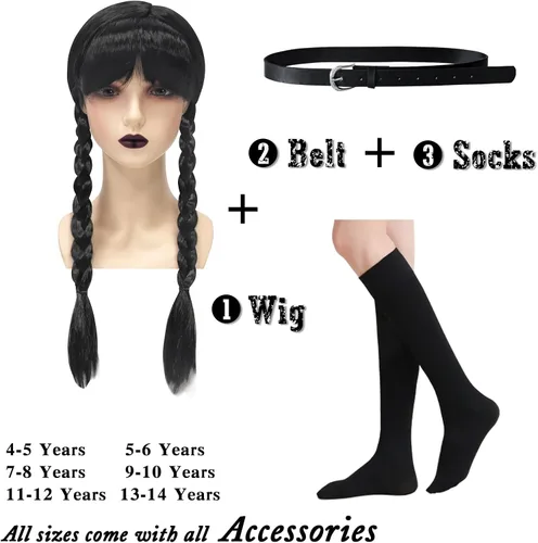 Vista 2 de GRIVOS Wednesday Addams - Disfraces de vestir para niños y niñas, fiesta familiar, disfraz de cosplay con peluca de cinturón de 4 a 14 años