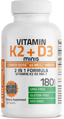 Vista 5 de Bronson Vitamina K2 (MK7) con D3 Dosis Más Baja 45mcg Vitamina K2 y 1000 UI Vitamina D3 Fácil de Tragar Mantenimiento Diario Fórmula 2 en 1 Sin OGM