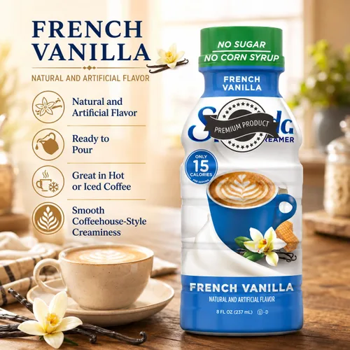 Vista 4 de Crema de café de vainilla francesa, botella de 8 onzas, sin azúcar, sin jarabe de maíz, crema líquida saborizada para café caliente o helado