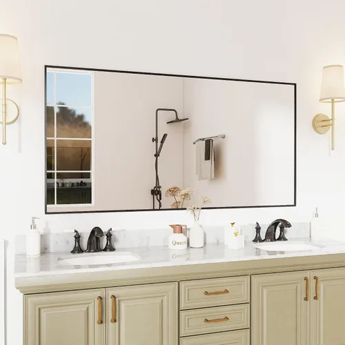 Vista 17 de [Usado] Espejo de baño con marco negro mate, espejo rectangular de tocador de 55 x 30 pulgadas, espejo de pared rectangular grande, antioxidante