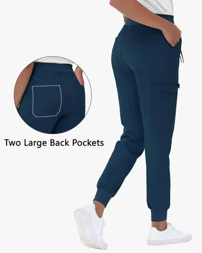 Vista 2 de Pantalones quirúrgicos de cintura alta para mujer, 8 bolsillos, ajustados, cintura cónica, puños acanalados en los tobillos