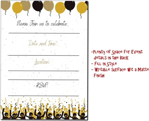Vista 4 de Elcer Invitaciones para fiesta de cumpleaños número 30 Celebración de 30 años Feliz aniversario 5 x 7 Negro y dorado Estilo de relleno