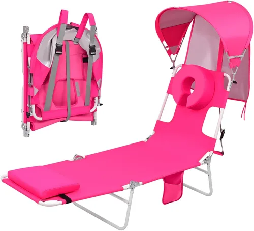 Vista 17 de Silla de bronceado de playa con mochila y toldo con protección solar y orificio para la cara, silla de sol plegable de 6 posiciones para adultos