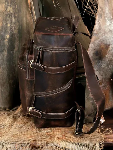 Vista 4 de HLC Mochila de cuero genuino para computadora portátil para hombres y mujeres, mochila genuina de gran capacidad, para negocios, retro, viajes