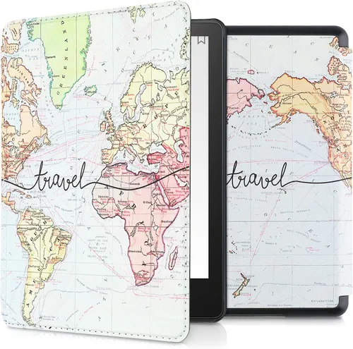 Vista 24 de kwmobile Funda compatible con Amazon Kindle Paperwhite 11. Generación 2021 - Funda para lector electrónico - Libros y páginas Beige/Marrón/Dorado