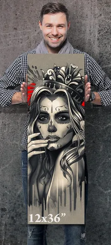 Vista 2 de krefta SUGARSKULL GIRL with CROWN - CANVAS WALL ART - Day of the Dead Painting - Tattoo Artist Sugar Skull Queen Flower Poster Gift