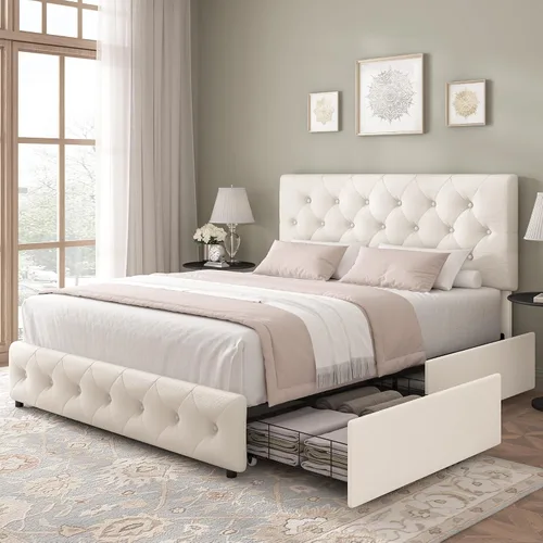 Vista 8 de Keyluv - Base de cama tapizada moderna con 4 cajones, diseño de cabecera con botones, soporte de listones de madera maciza, fácil montaje, tela
