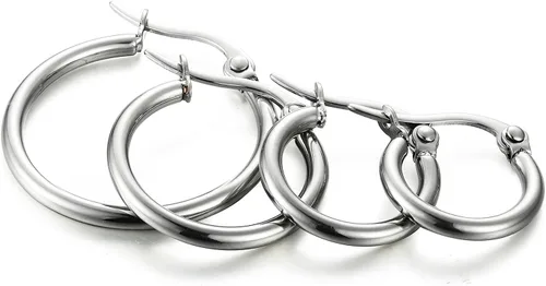 Vista 3 de ORAZIO 4 Pares de pendientes de argollas de acero inoxidable. Pendientes tipo argolla plana para mujer, de 10-20 milímetros.