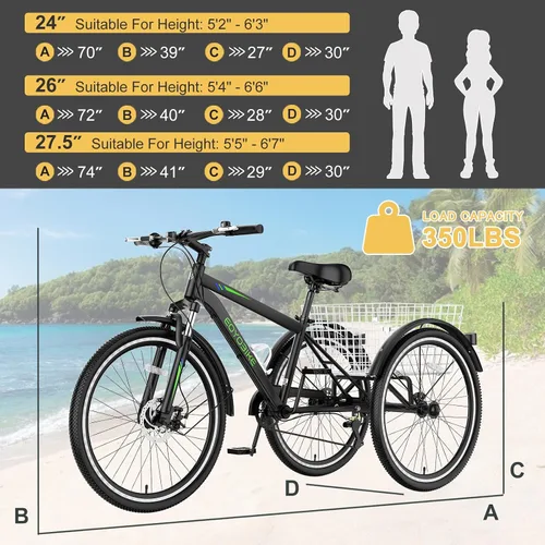 Vista 3 de NAIZEA Adult Mountain Tricycle, 7 Speed Three Wheel Cruiser Bike, 27.5 Inch Adults Trikes with Shopping Basket, Exercise Men's Women's Tricycles
