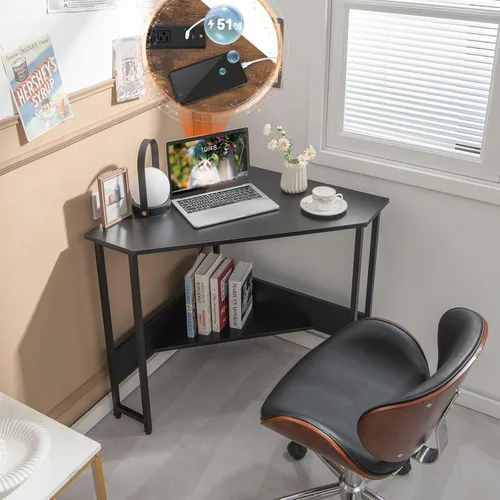 Vista 2 de COSTWAY Escritorio esquinero para computadora, con puertos USB y toma de corriente, estante de almacenamiento para espacios pequeños, escritorio